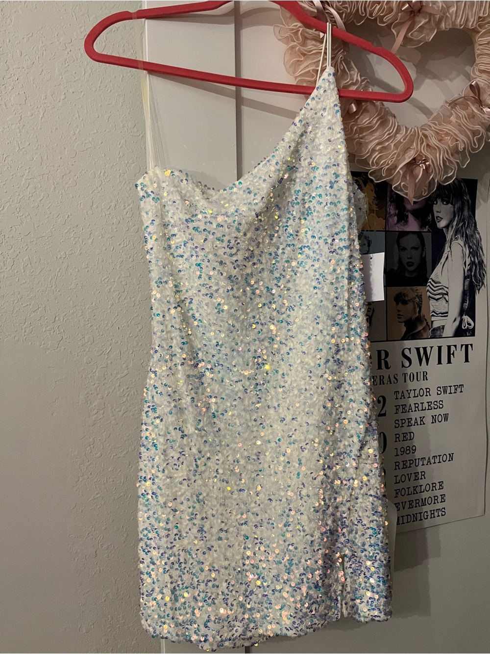 Crystal Doll One-Shoulder Sequin Mini Dress in White Iridescent